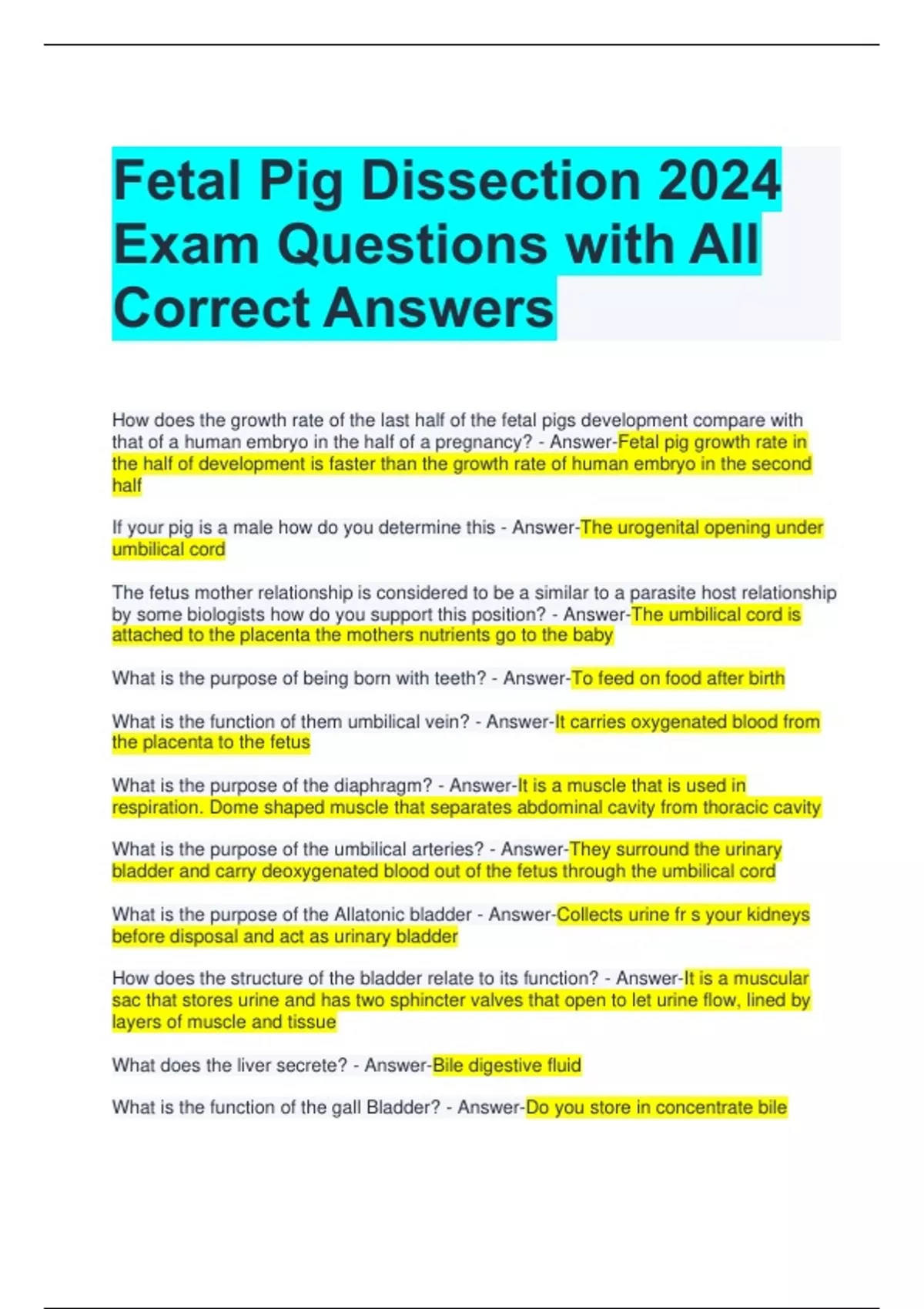 Fetal Pig Dissection 2024 Exam Questions with All Correct Answers ...