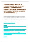 HYPOTHESIS TESTING FOR A  POPULATION MEAN CHECKPOINT  TEST 2024 QUESTIONS WITH  CORRECT DETAILED ANSWERS WITH  RATIONALES &lpar;VERIFIED ANSWERS&rpar;  &vert;ALREADY GRADED A&plus; 