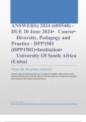 Exam (elaborations) DPP1501 Assignment 2 (COMPLETE ANSWERS) 2024 (605540) - DUE 10 June 2024 •	Course •	Diversity, Pedagogy and Practice - DPP1501 (DPP1501) •	Institution •	University Of South Africa (Unisa) •	Book •	Diversity Pedagogy DPP1501 Assignment 
