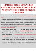 LIMITED FOOD MANAGERS COURSE CERTIFICATION EXAM 70 QUESTIONS WITH ANSWERS LIMITED FOOD MANAGERS 