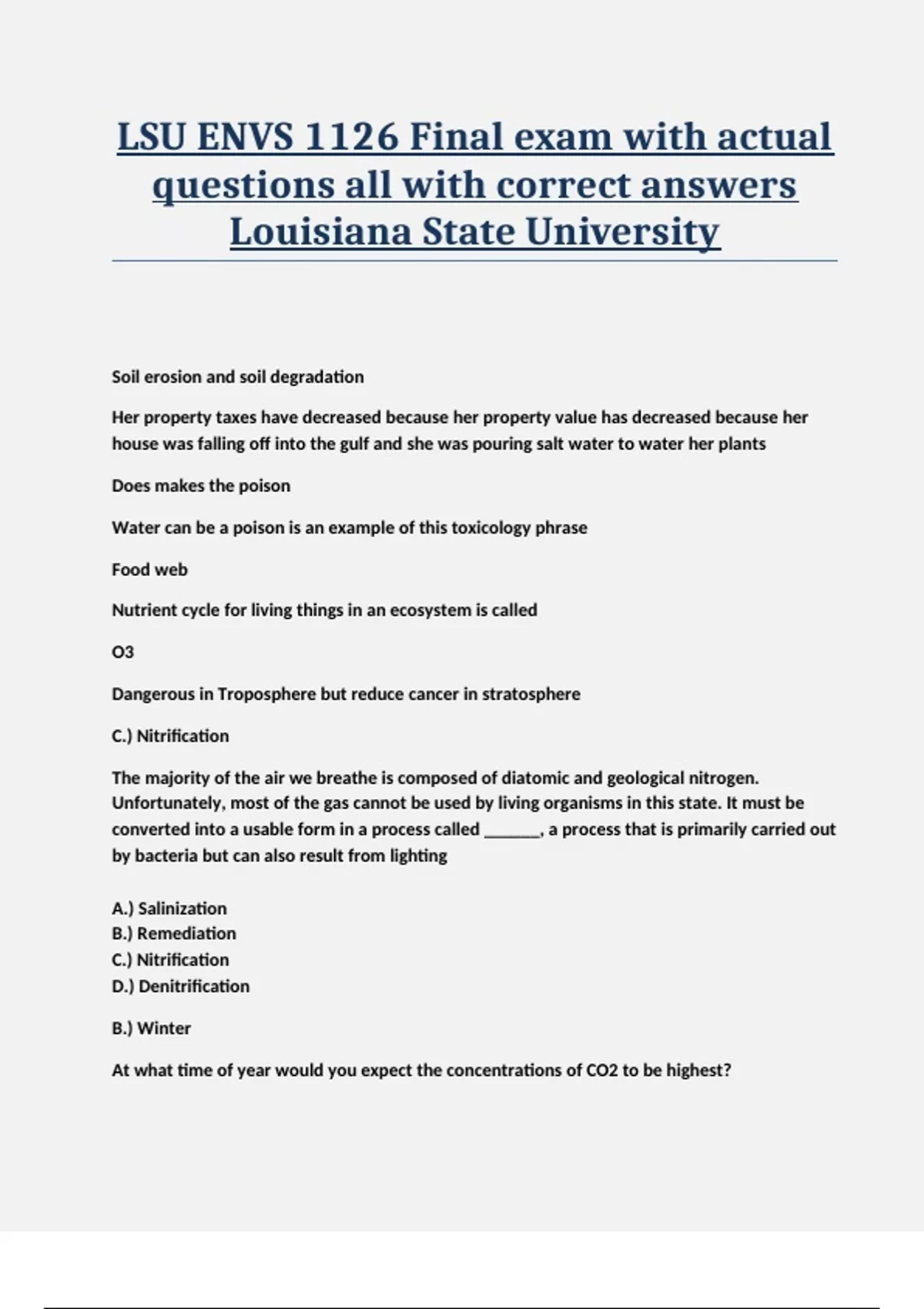 LSU ENVS 1126 Final exam with actual questions all with correct answers ...