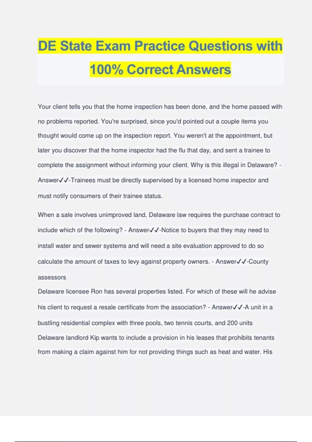 DE State Exam Practice Questions with 100% Correct Answers - Delaware ...
