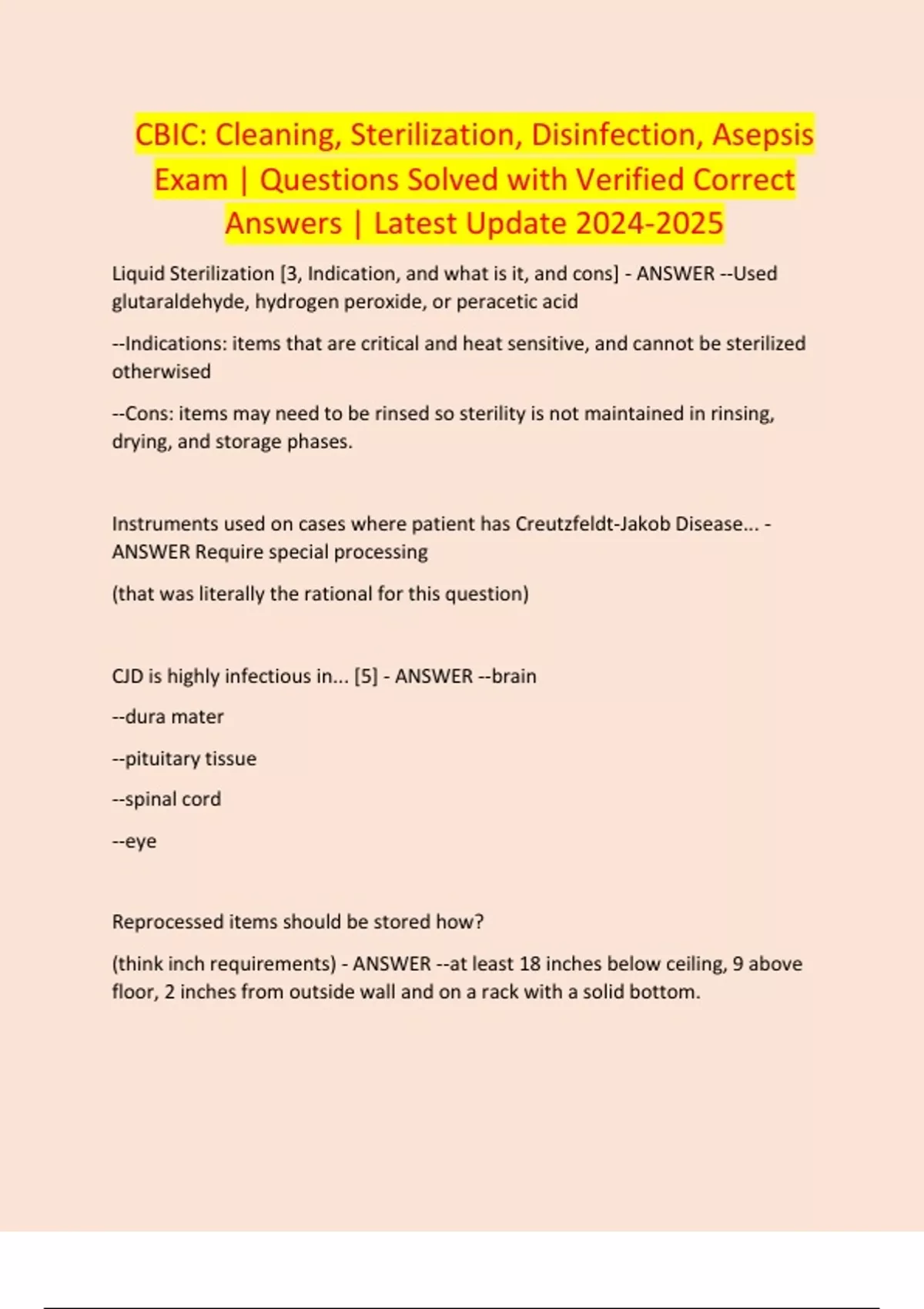 CBIC Cleaning, Sterilization, Disinfection, Asepsis Exam Questions