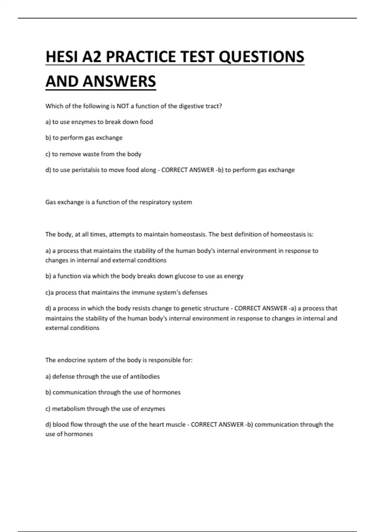 HESI A2 PRACTICE TEST QUESTIONS AND ANSWERS - Hesi A2 - Stuvia US