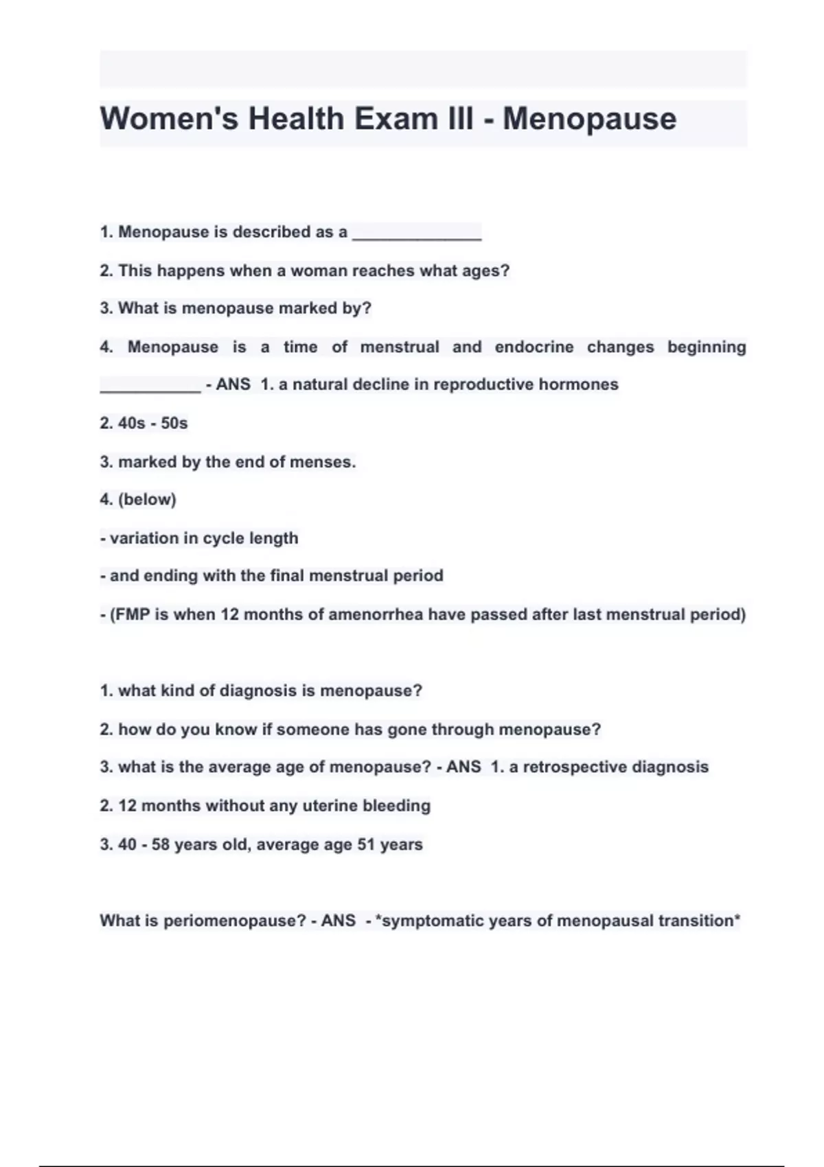 Women's Health Exam III - Menopause QUESTIONS & ANSWERS 2024 ( A+ ...