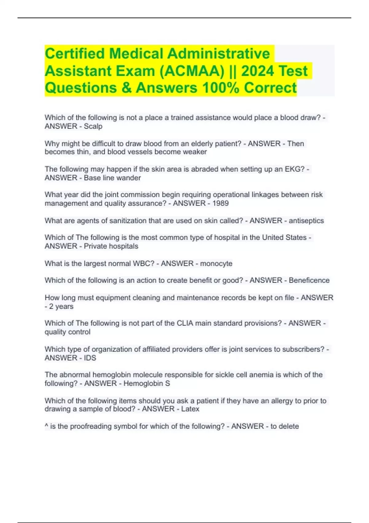Certified Medical Administrative Assistant Exam (ACMAA) || 2024 Test Questions & Answers 100% ...
