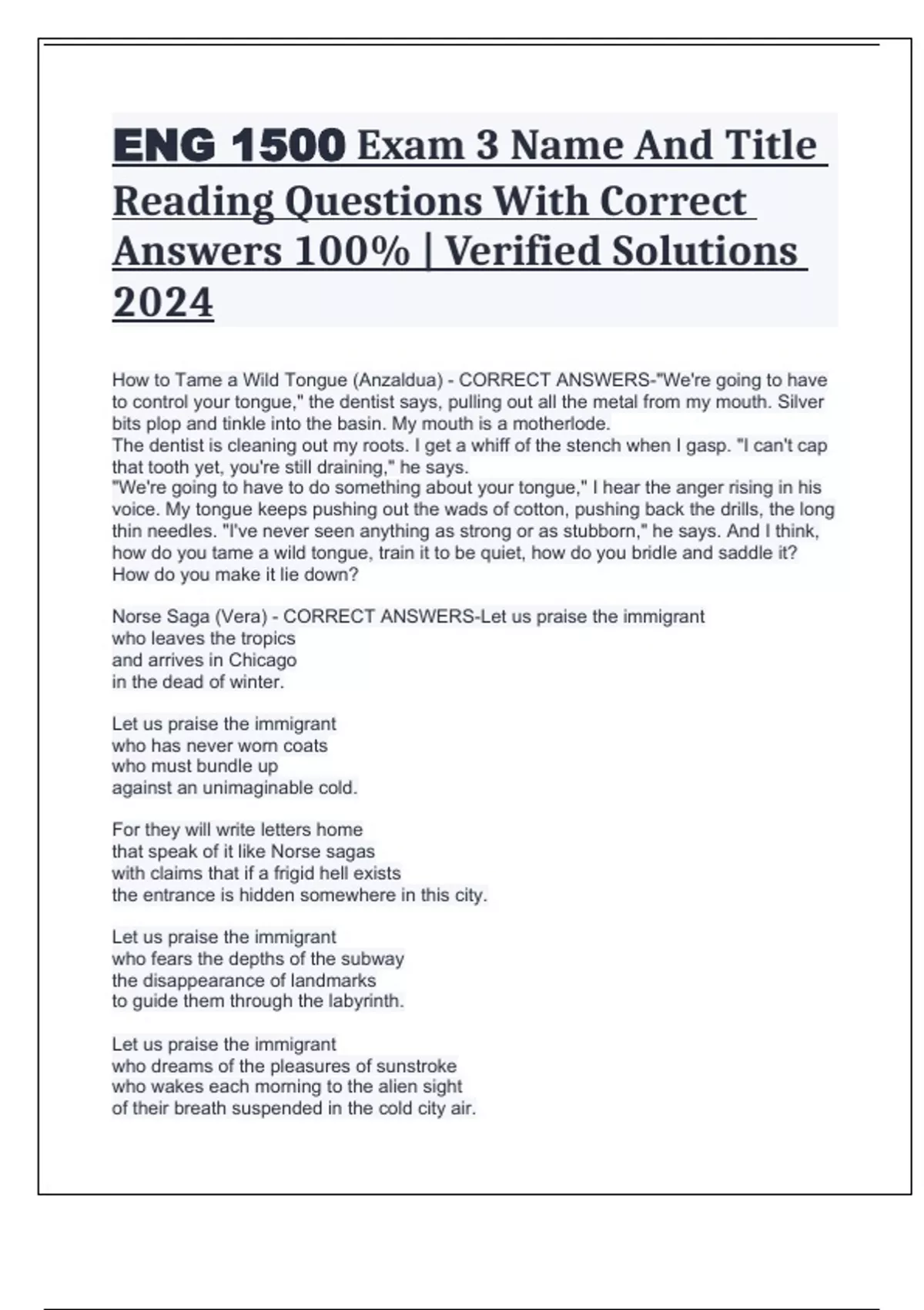 ENG 1500 Exam 3 Name And Title Reading Questions With Correct Answers ...