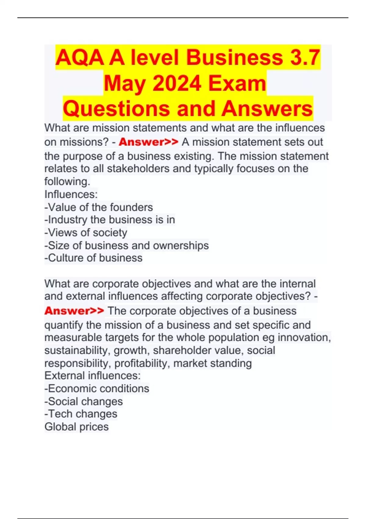 AQA A level Business 3.7 May 2024 Exam Questions and Answers - AQA A ...