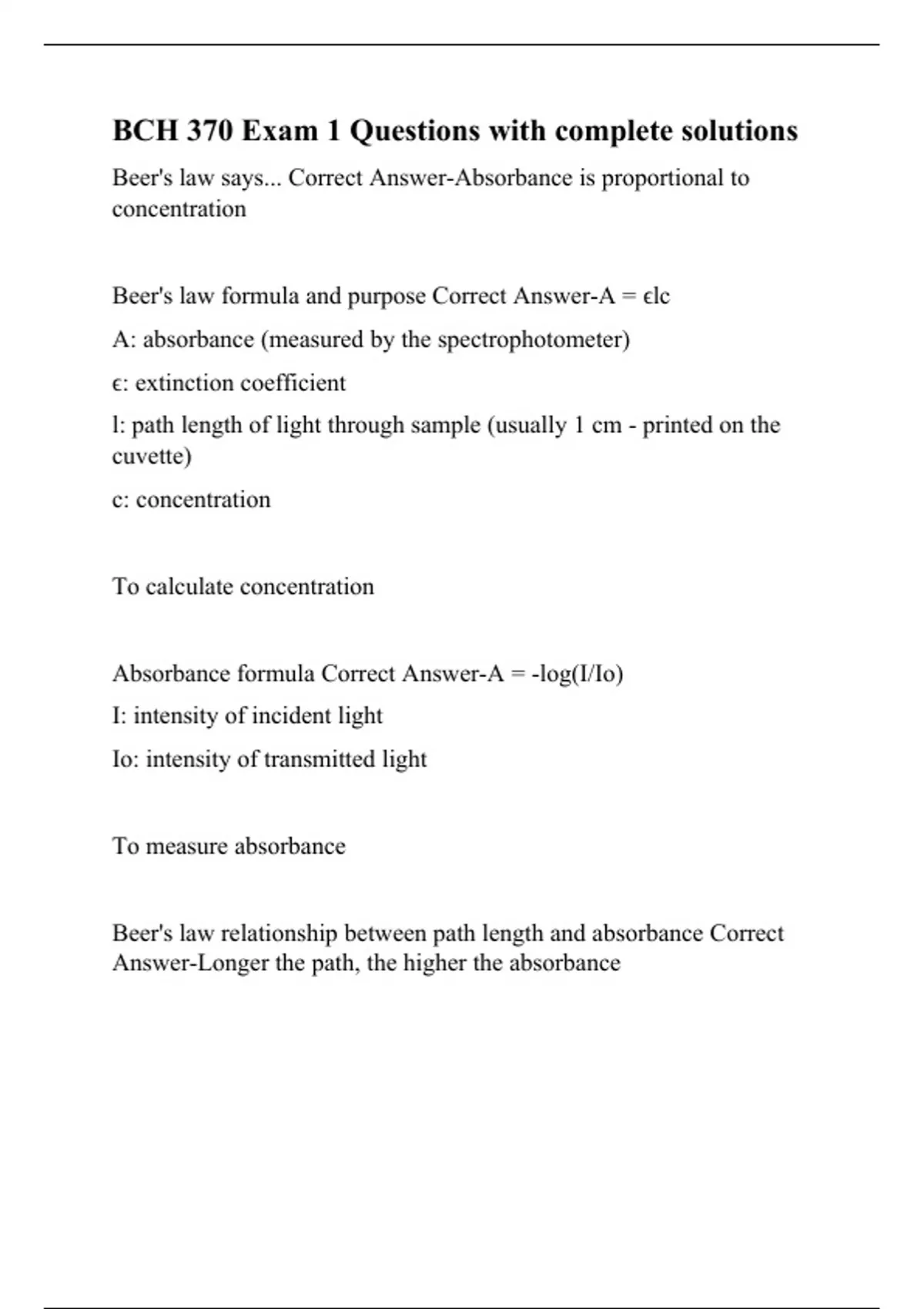 BCH 370 Exam 1 Questions with complete solutions - BCH 370 - Stuvia US