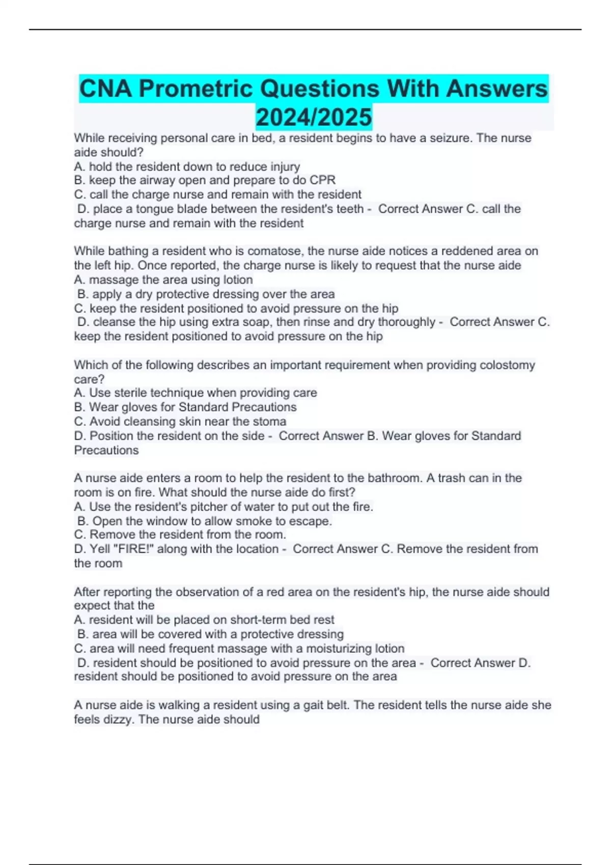 Prometric Questions CNA Prometric Questions With Answers 2024/2025 - Prometric CNA - Stuvia US