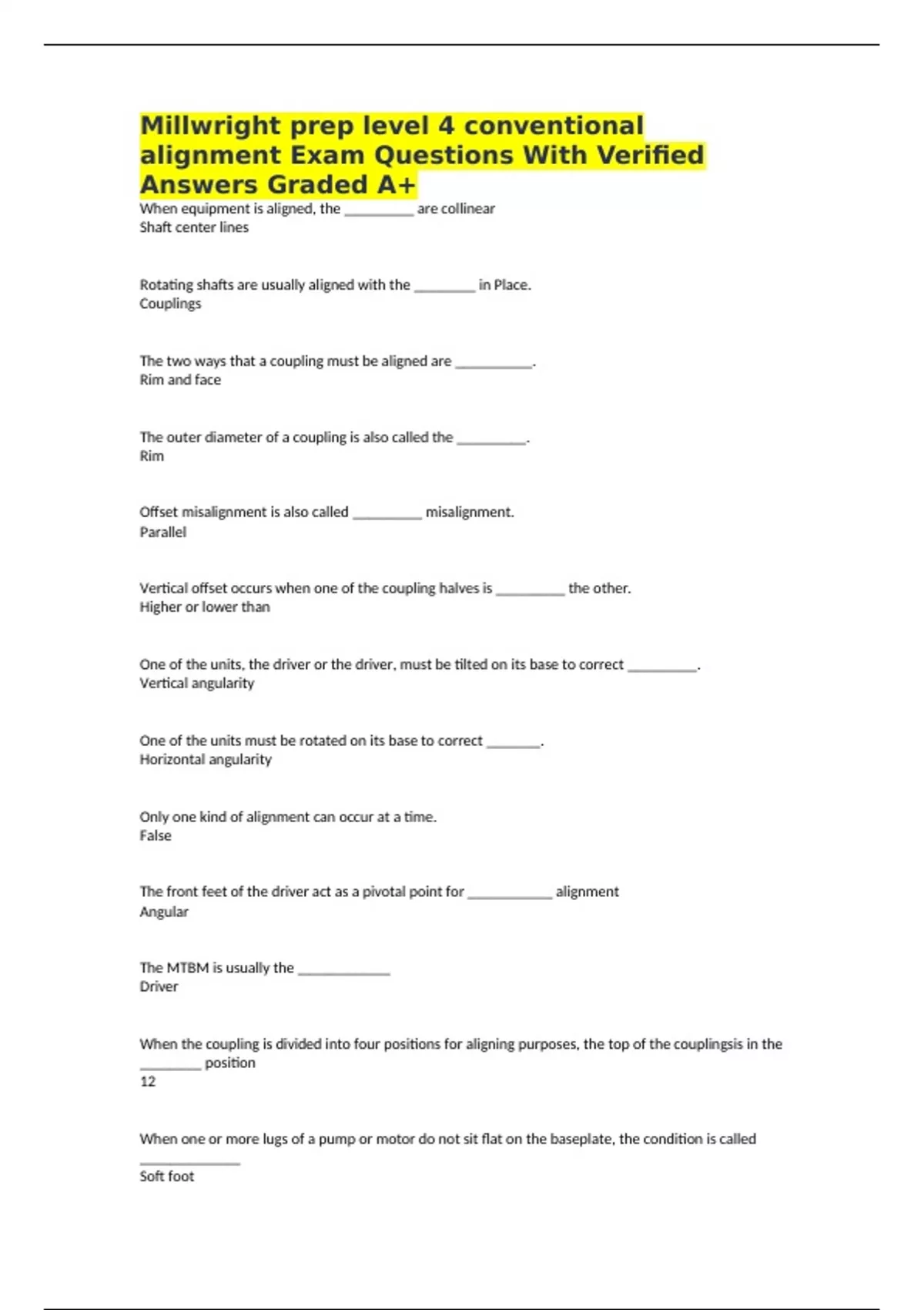 Alignment Test Questions Millwright prep level 4 conventional alignment Exam Questions With ...