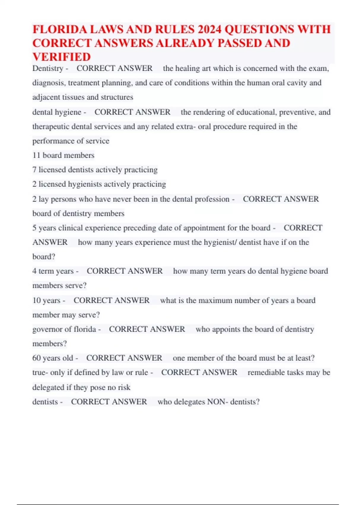 FLORIDA LAWS AND RULES 2024 QUESTIONS WITH CORRECT ANSWERS ALREADY ...