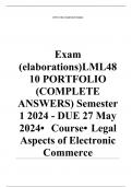 Exam (elaborations) LML4810 PORTFOLIO (COMPLETE ANSWERS) Semester 1 2024 - DUE 27 May 2024 •	Course •	Legal Aspects of Electronic Commerce (LML4810) •	Institution •	University Of South Africa (Unisa) •	Book •	Legal aspects of electronic commerce LML4810 P