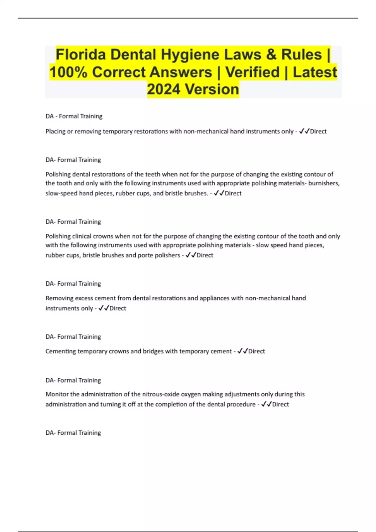 Florida Dental Hygiene Laws & Rules 100 Correct Answers Verified