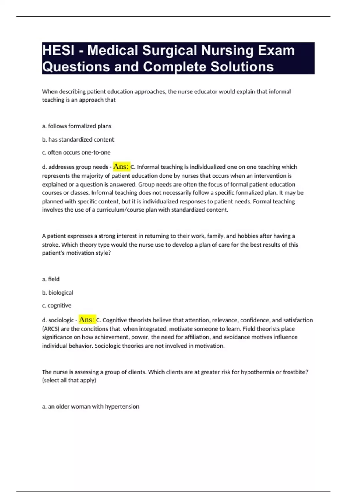 HESI - Medical Surgical Nursing Exam Questions and Complete Solutions ...