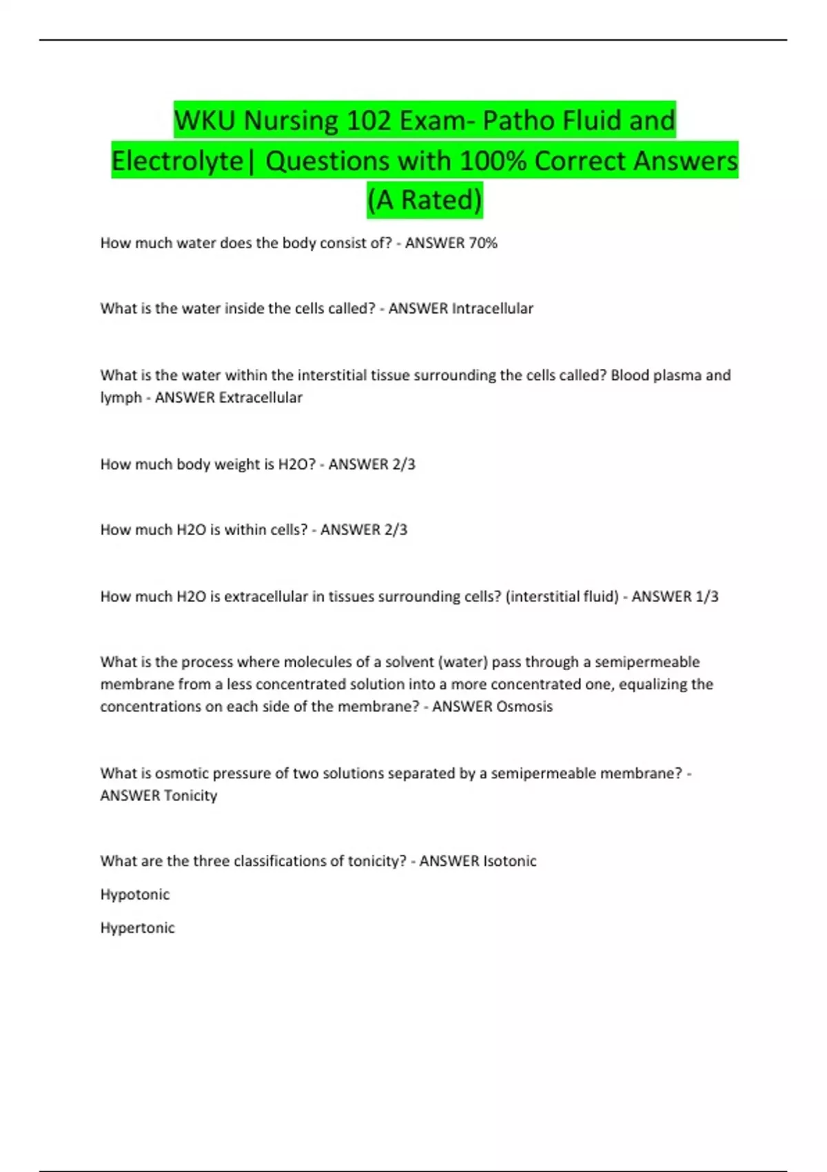 WKU Nursing 102 EXAMS BUNDLE| Questions with Complete Solutions |Latest ...