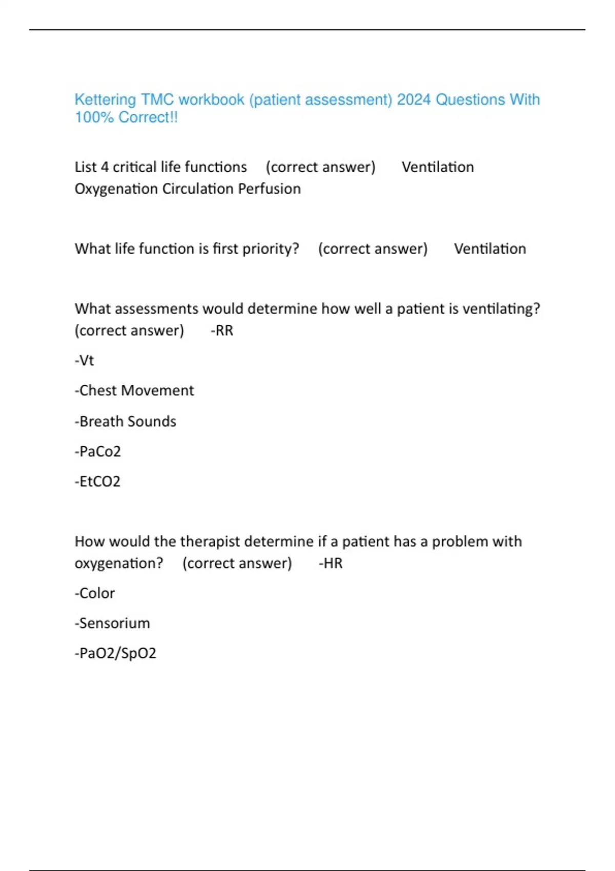 Kettering TMC workbook (patient assessment) 2024 Questions With 100% ...