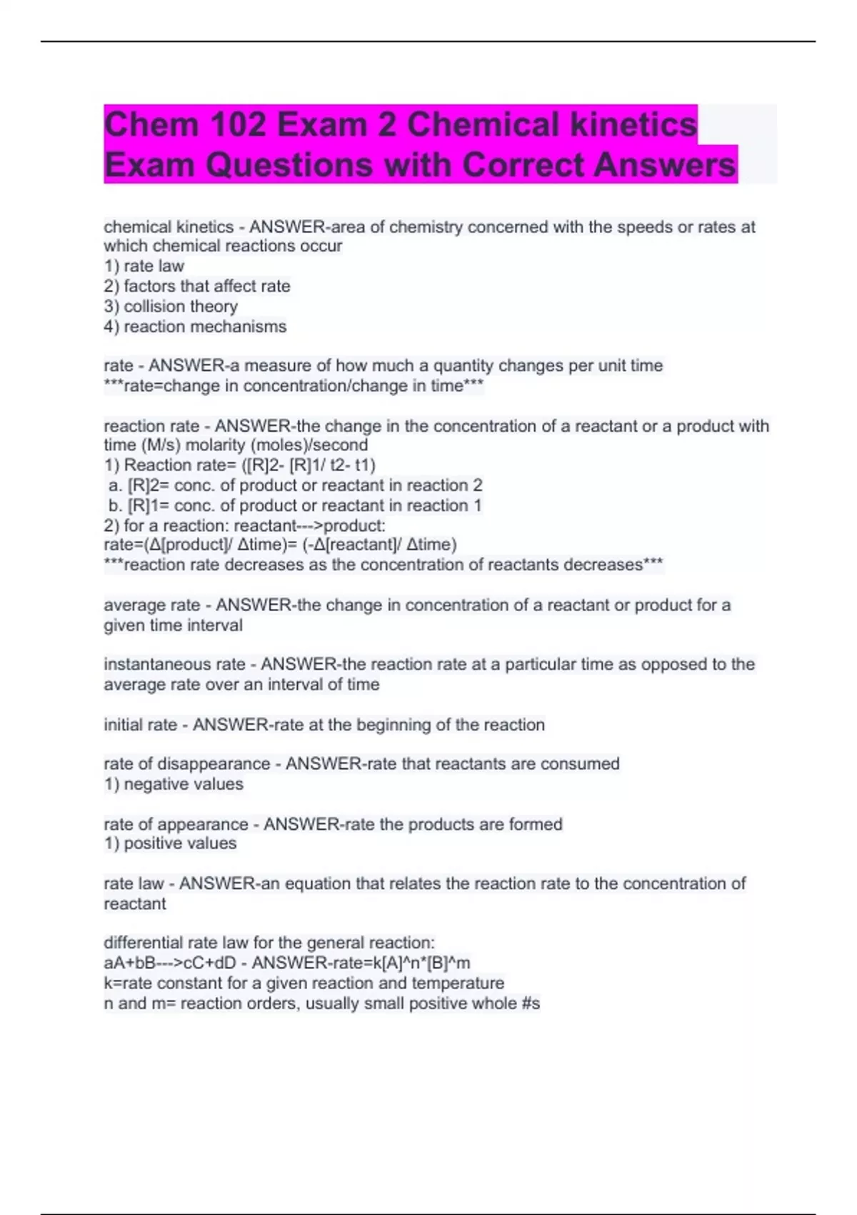 Chem 102 Exam 2 Chemical kinetics Exam Questions with Correct Answers ...