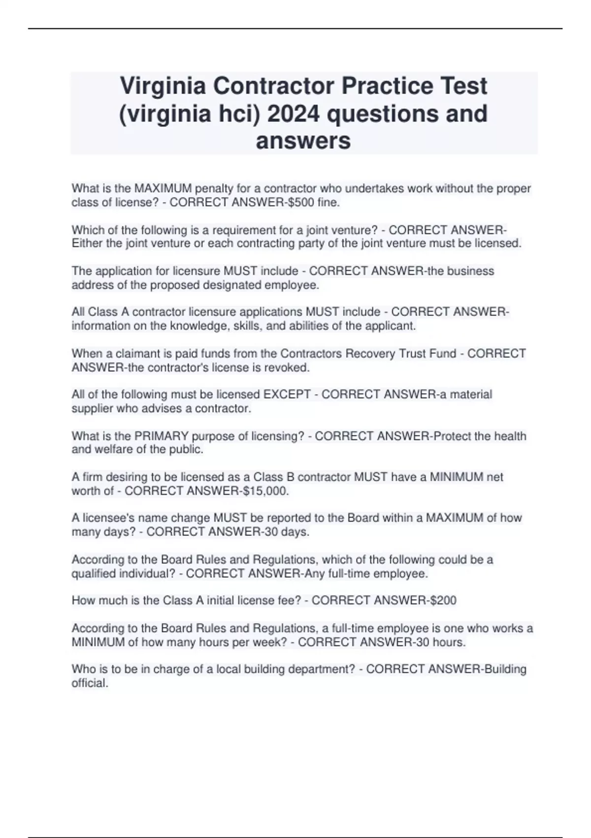Virginia Contractor Practice Test (virginia hci) 2024 questions and ...