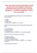 AAPC CPC FINAL EXAM LATEST REAL EXAM  QUESTIONS AND CORRECT DETAILED  ANSWERS WITH RATIONALESCALREADY  GRADED A+ (VERIFIED ANSWERS) LATEST  2023-2024 EXAM. Urine is transported from the kidneys to the urinary bladder by  which structure? a. Ureter b. Uret