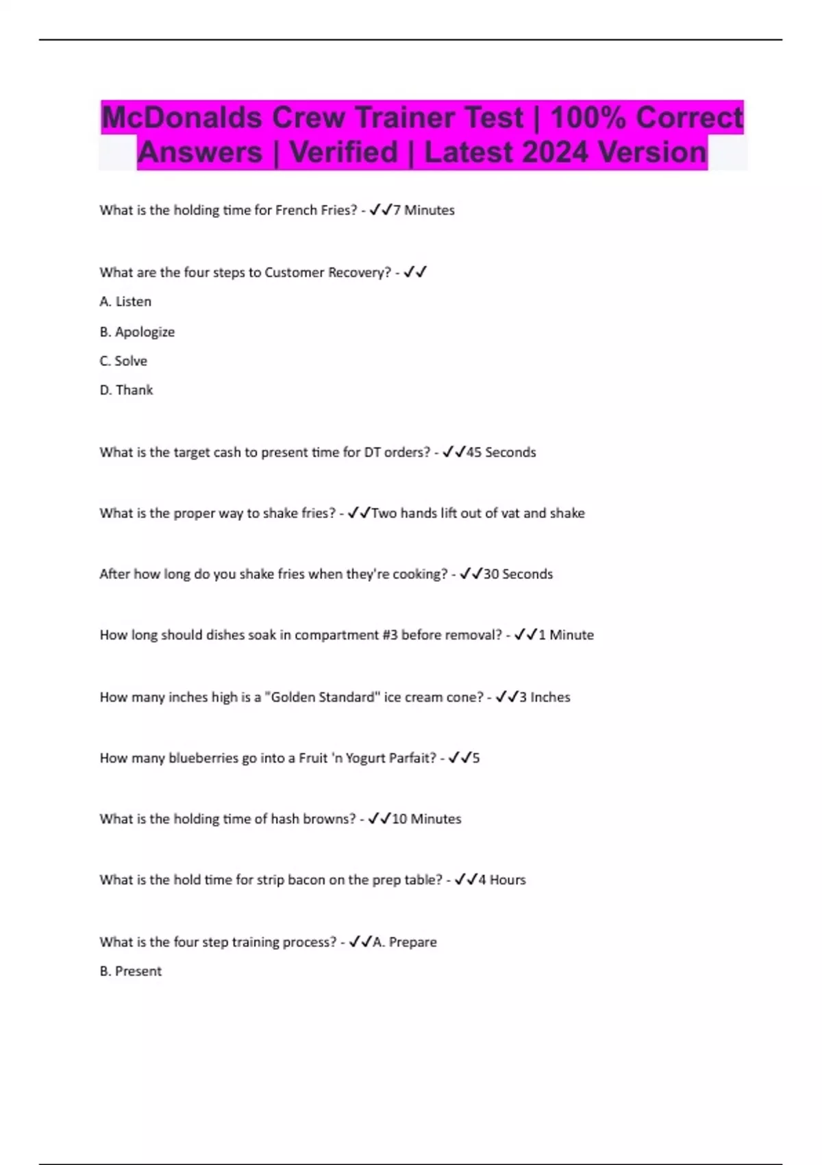 McDonalds Crew Trainer Test 100 Correct Answers Verified Latest mcdonalds-crew-trainer-test-100-correct-answers-verified-latest
