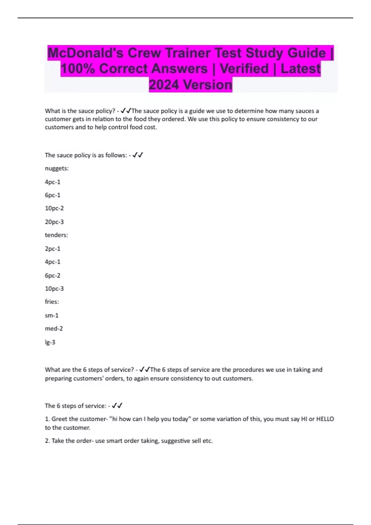 McDonald's Crew Trainer Test Study Guide | 100% Correct Answers ...
