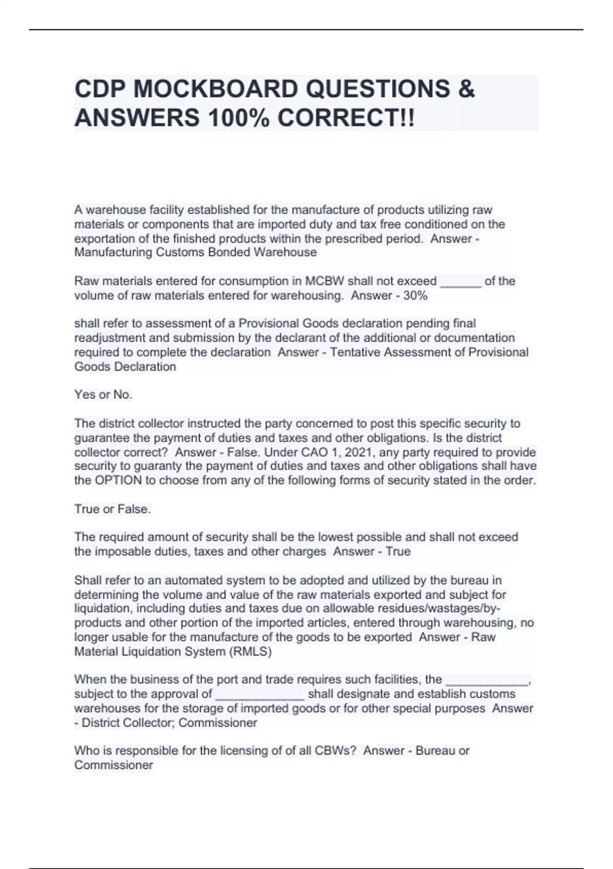 CDP MOCKBOARD QUESTIONS & ANSWERS 100% CORRECT!! - CDP - Stuvia US