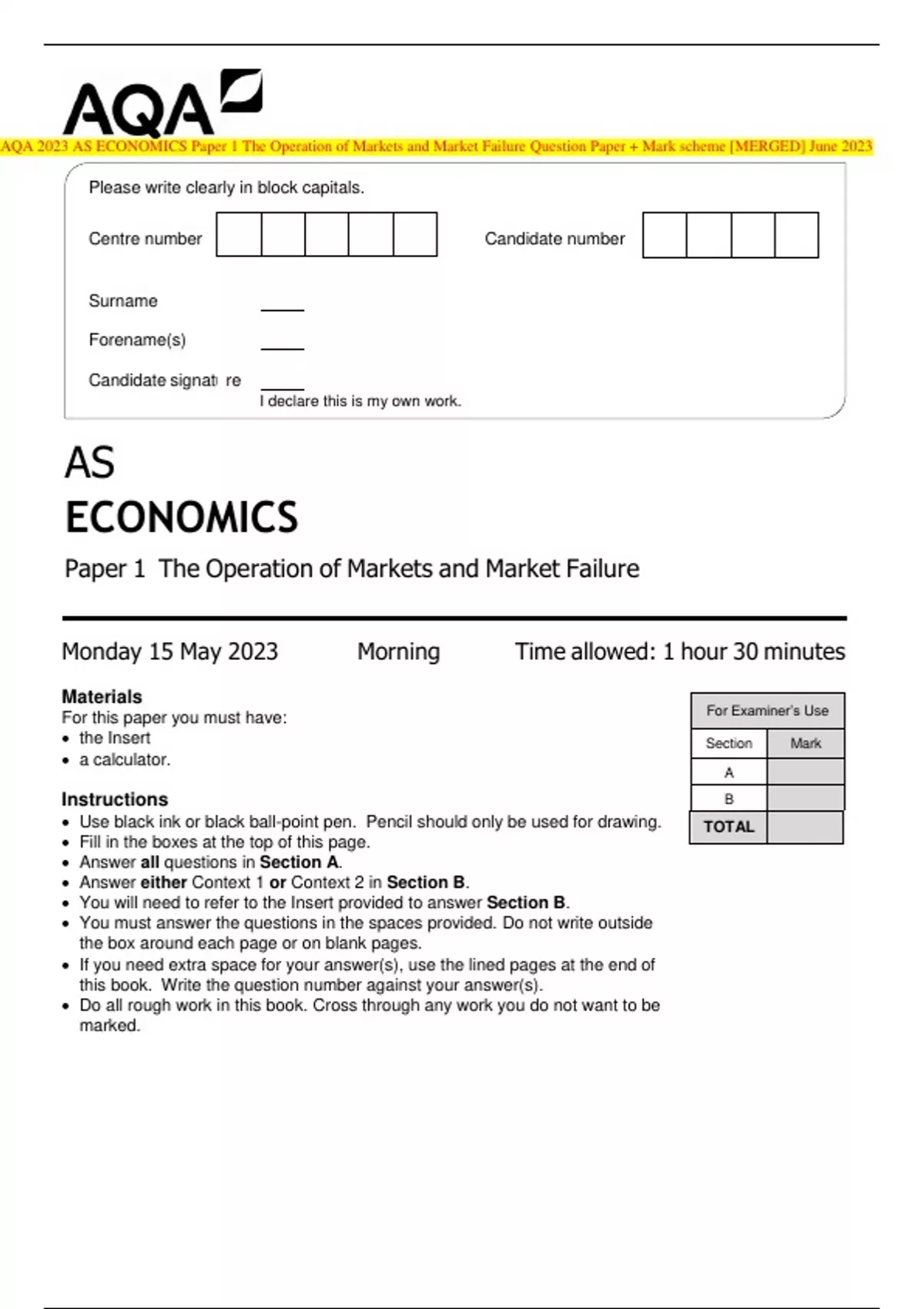 AQA 2023 AS ECONOMICS Paper 1 The Operation of Markets and Market ...