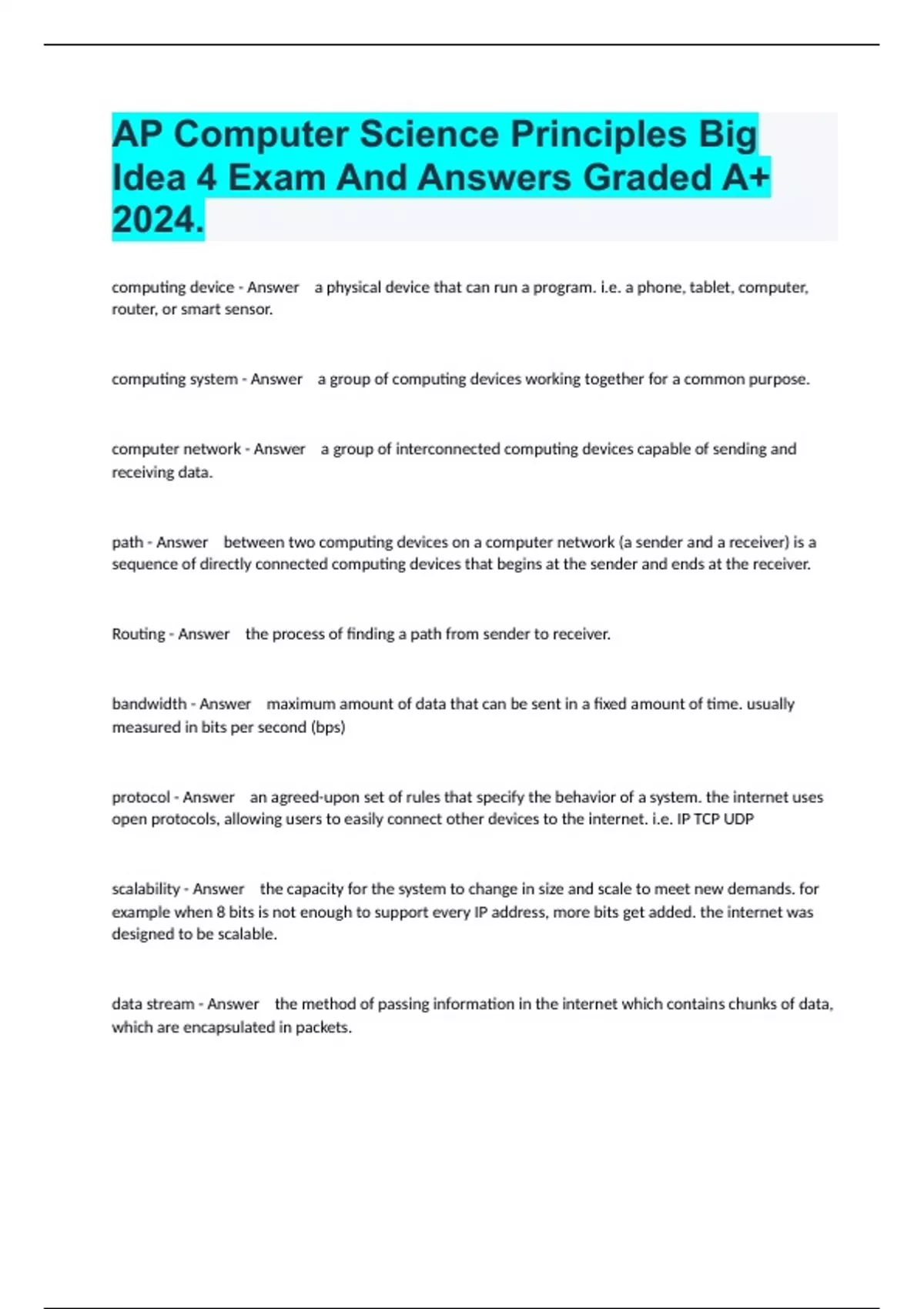 AP Computer Science Principles Big Idea 4 Exam And Answers Graded A+ ...