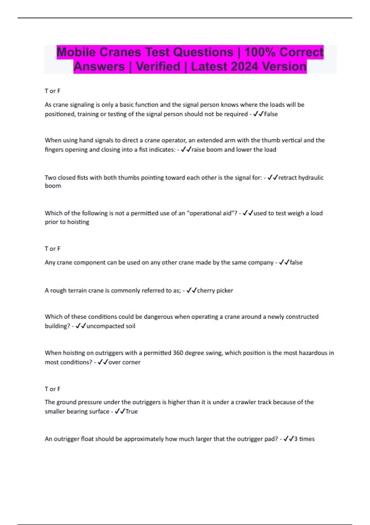 Mobile Cranes Test Questions 100 Correct Answers Verified Latest