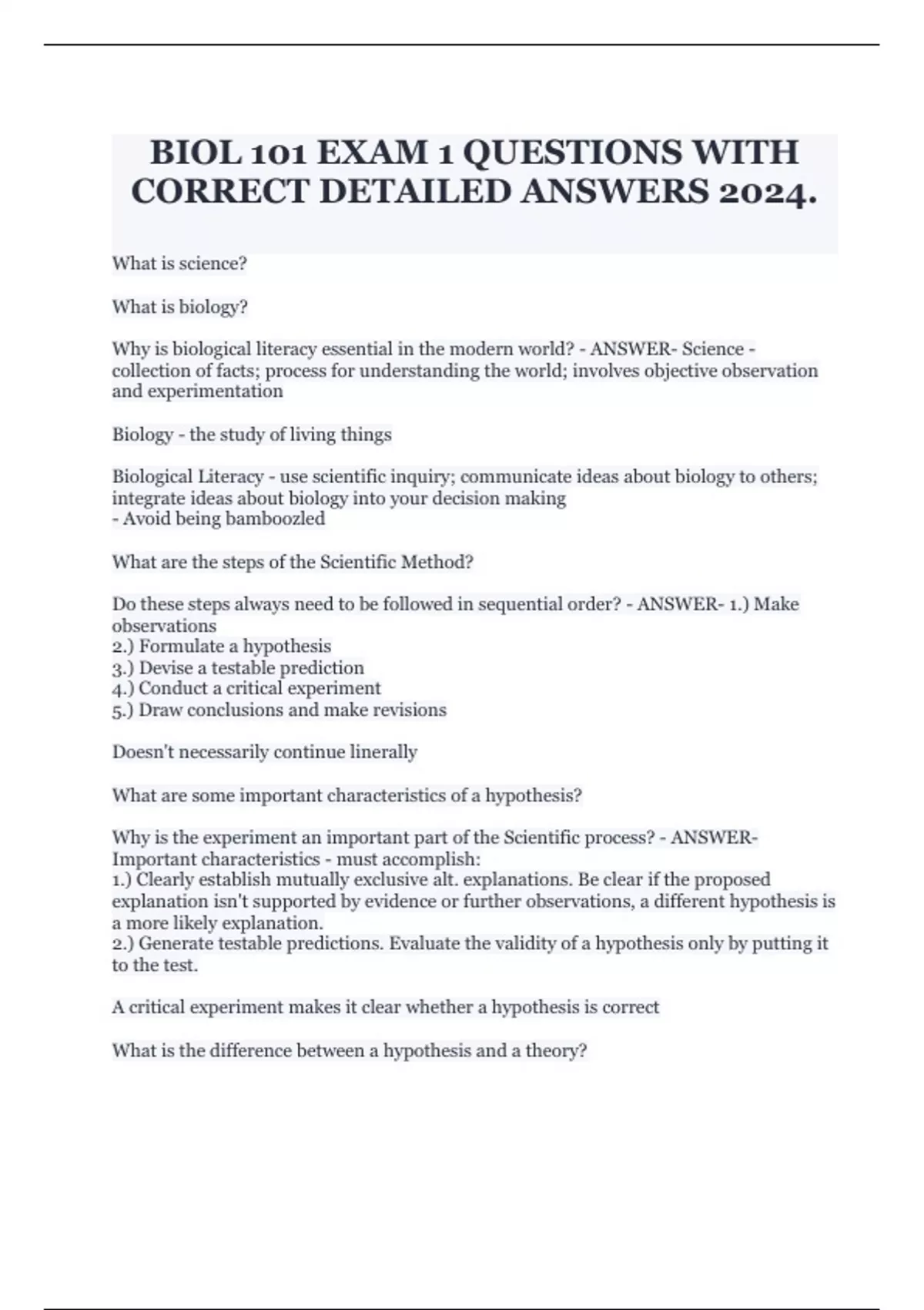 BIOL 101 EXAM 1 QUESTIONS WITH CORRECT DETAILED ANSWERS 2024. - Biod101 ...