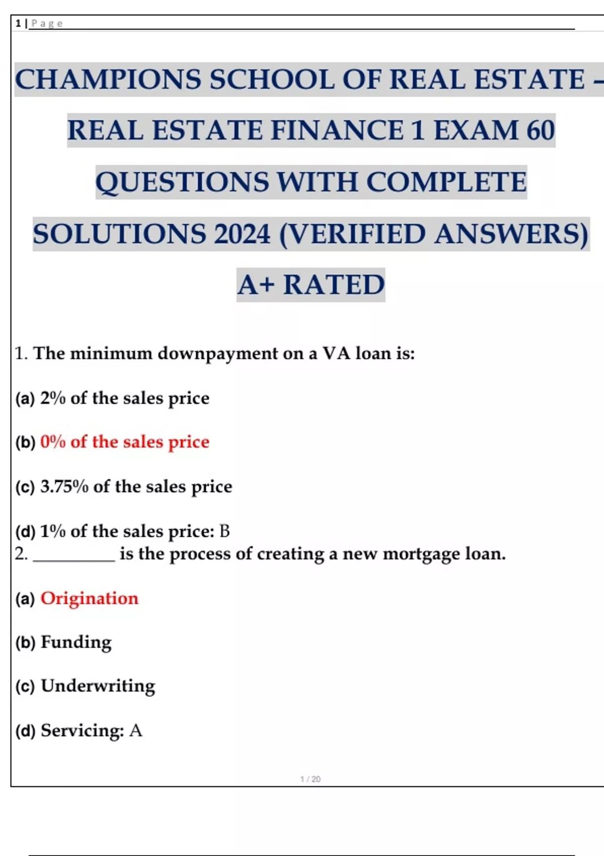 CHAMPIONS SCHOOL OF REAL ESTATE – REAL ESTATE FINANCE 1 EXAM 60 QUESTIONS WITH COMPLETE ...