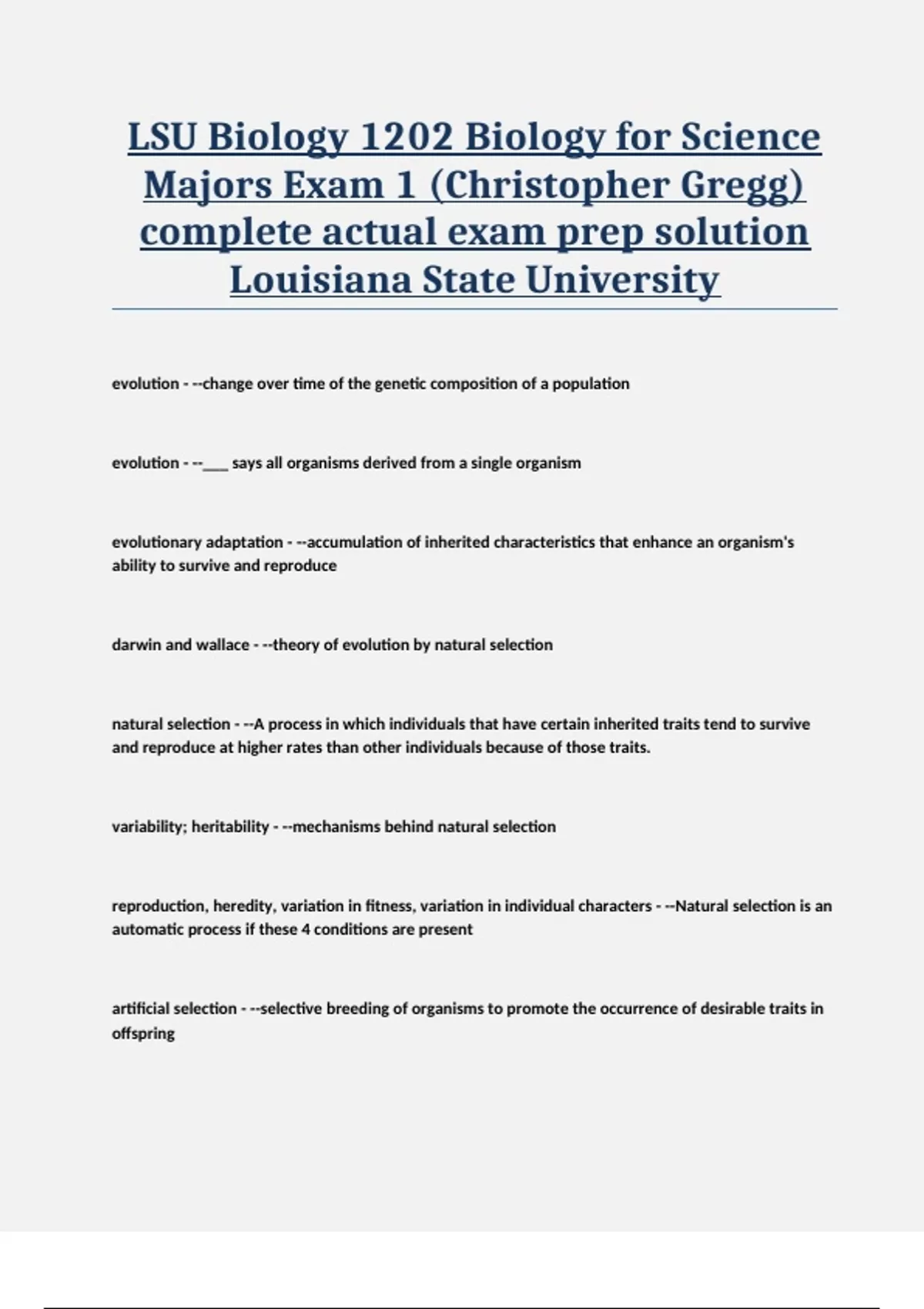 LSU BIOL 1202 Biology 1202 Biology for Science Majors Exam 1
