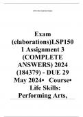 Exam (elaborations) LSP1501 Assignment 3 (COMPLETE ANSWERS) 2024 (184379) - DUE 29 May 2024 •	Course •	Life Skills: Performing Arts, Visual Arts, Music (LSP1501) •	Institution •	University Of South Africa (Unisa) •	Book •	Performance-Based Curriculum for 