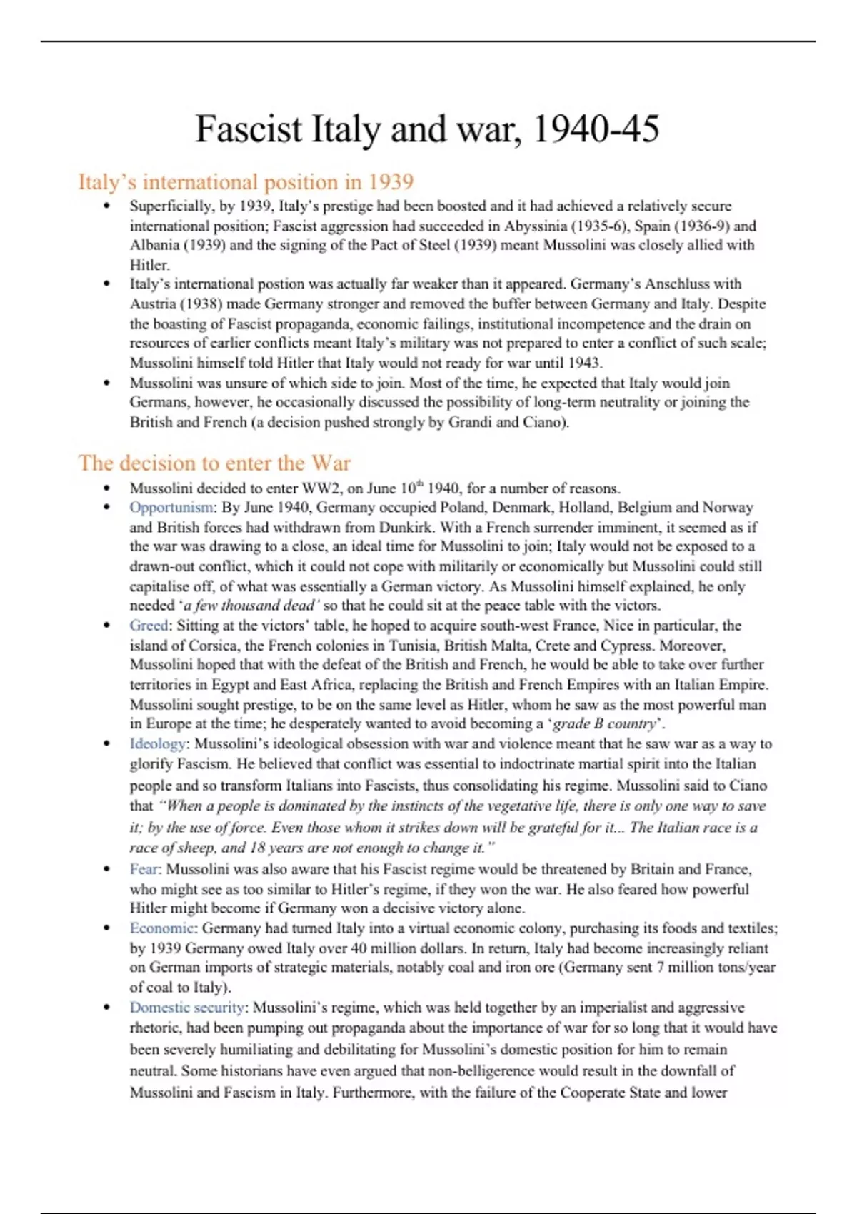 Summary AQA A-Level 2L: Fascist Italy and war, 1940–1945 (A* achieved ...