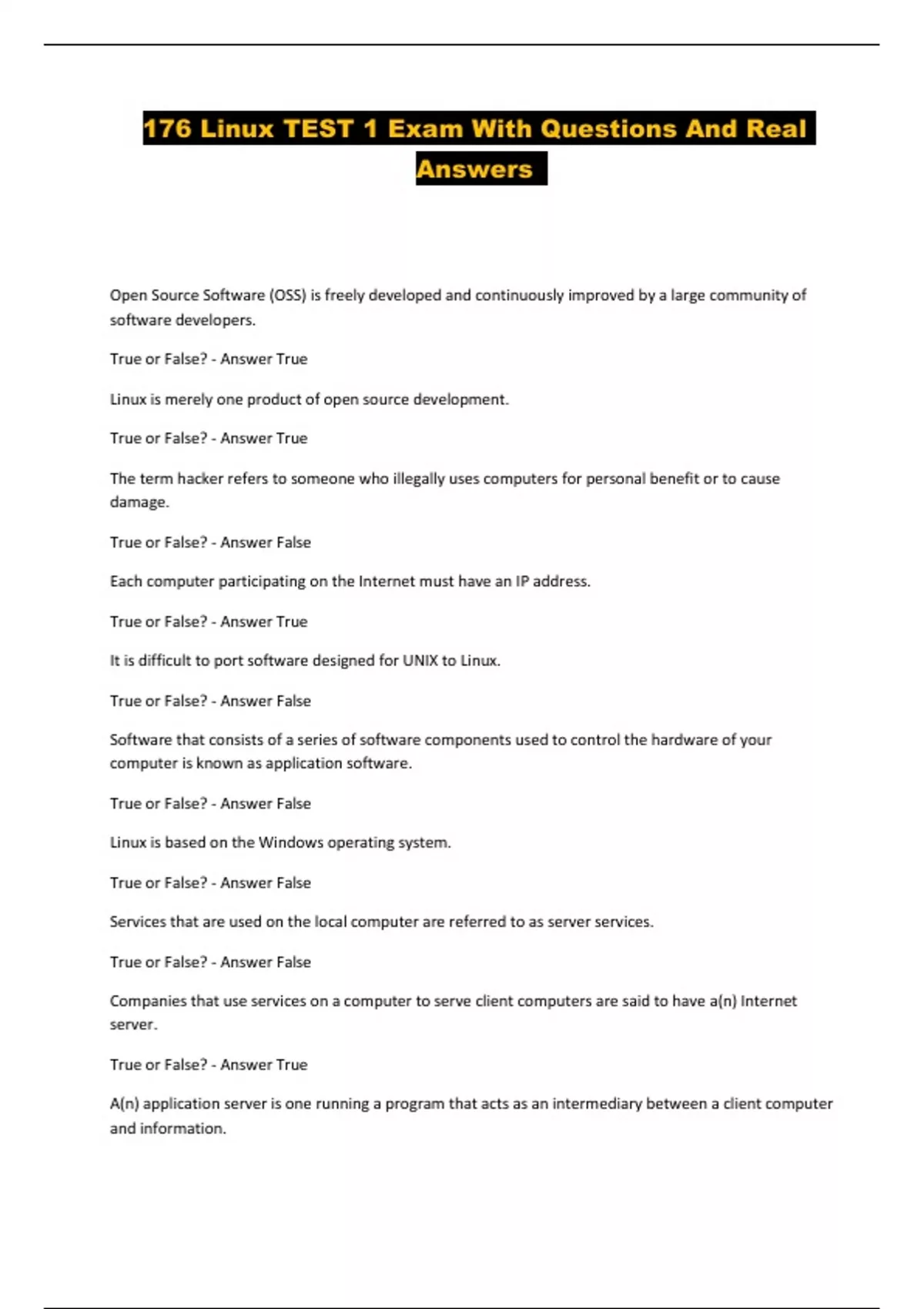 176 Linux TEST 1 Exam With Questions And Real Answers - 176 Linux ...