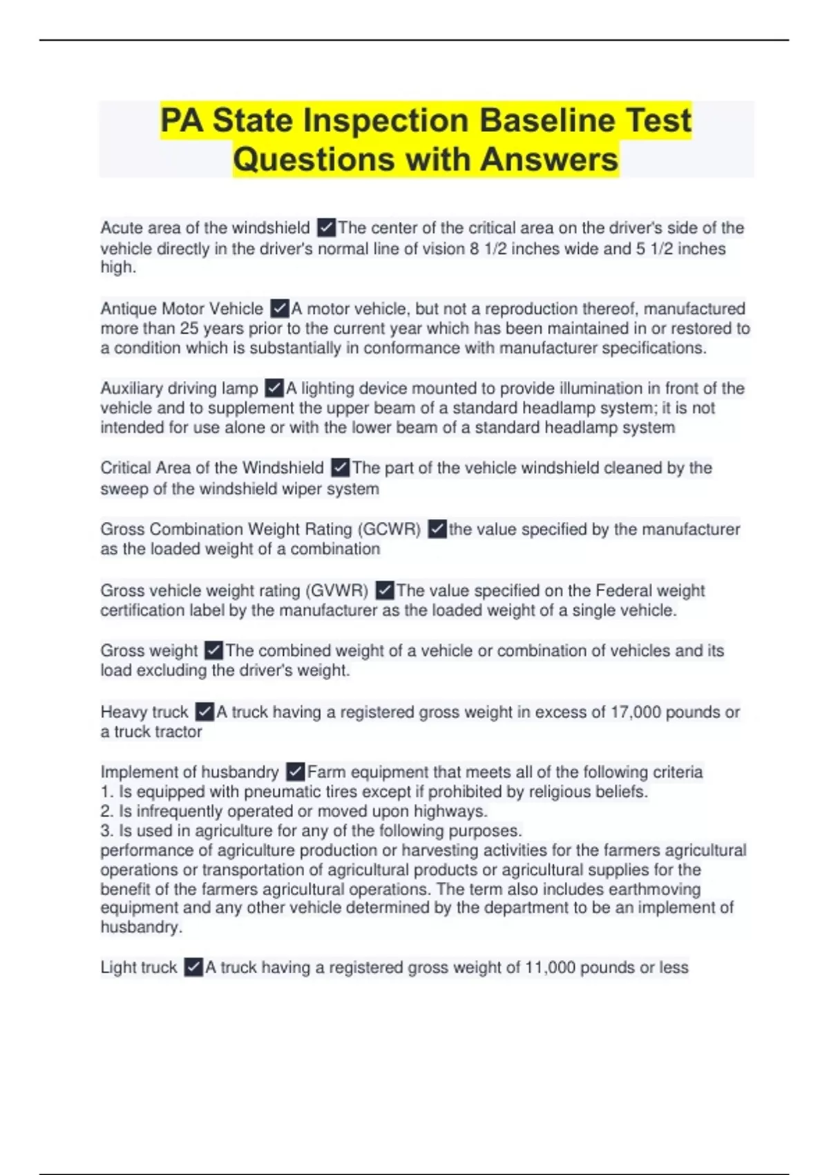 PA State Inspection Baseline Test Questions with Answers - PA State ...