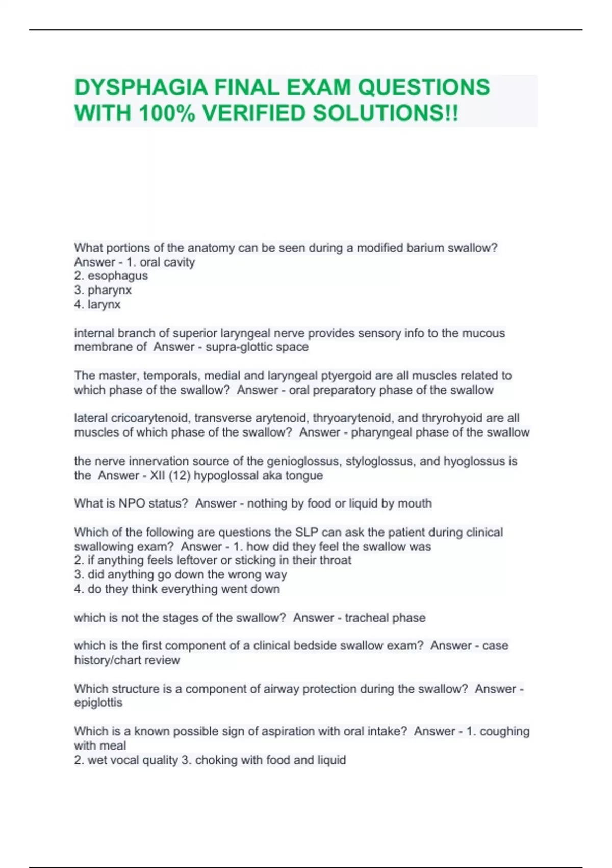 DYSPHAGIA FINAL EXAM QUESTIONS WITH 100% VERIFIED SOLUTIONS ...