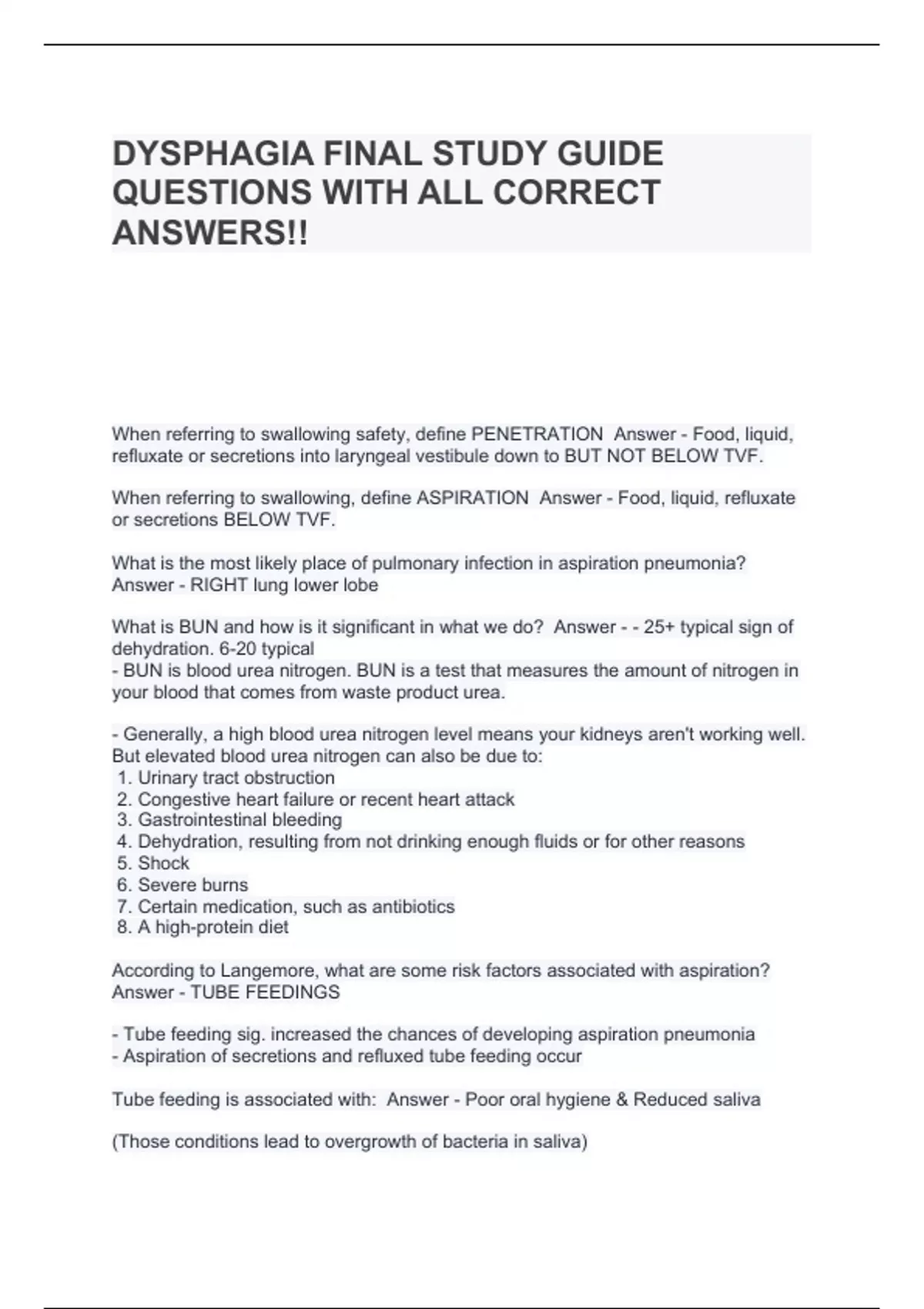 DYSPHAGIA FINAL STUDY GUIDE QUESTIONS WITH ALL CORRECT ANSWERS ...