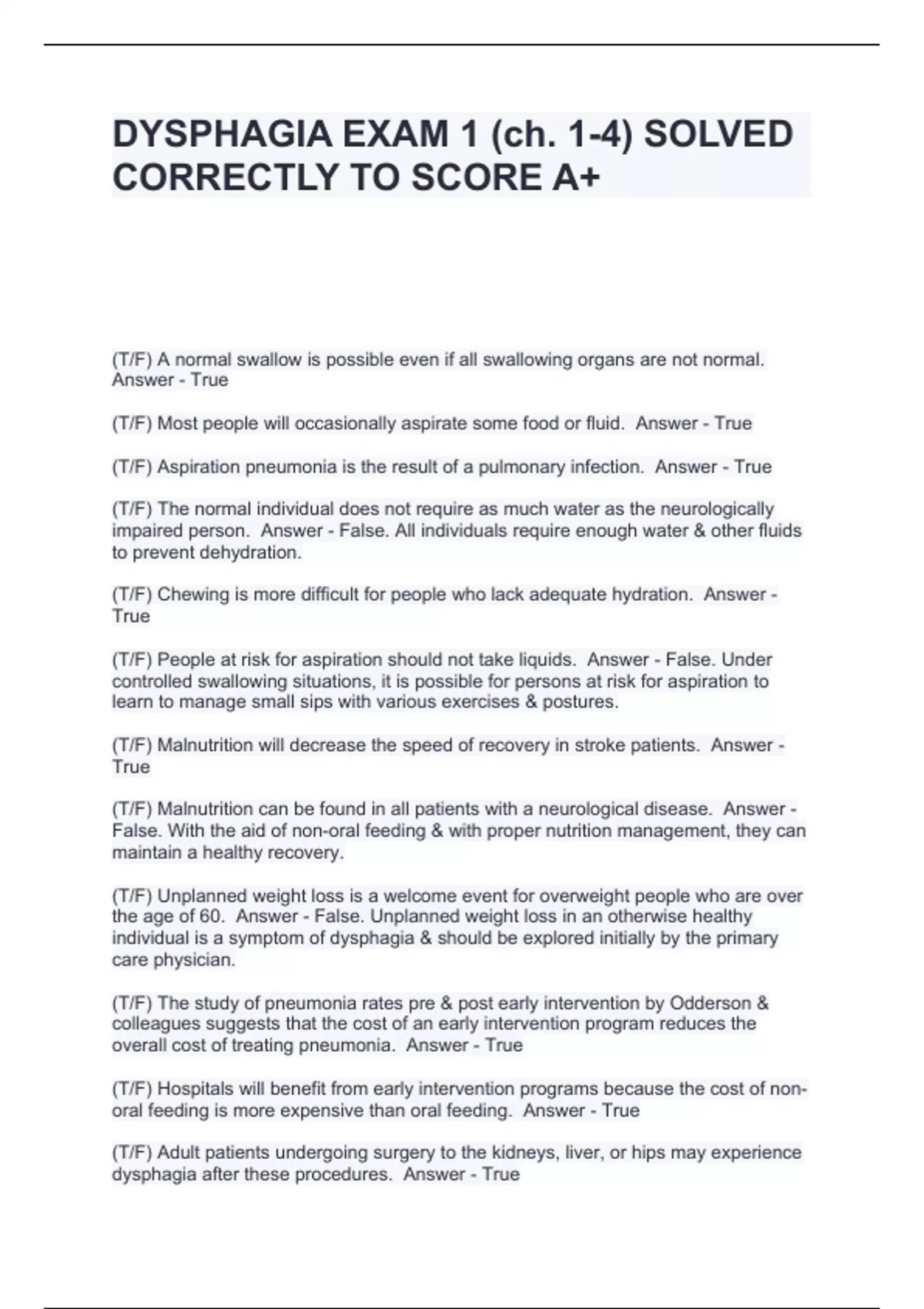 DYSPHAGIA EXAM 1 (ch. 1-4) SOLVED CORRECTLY TO SCORE A+ - DYSPHAGIA ...