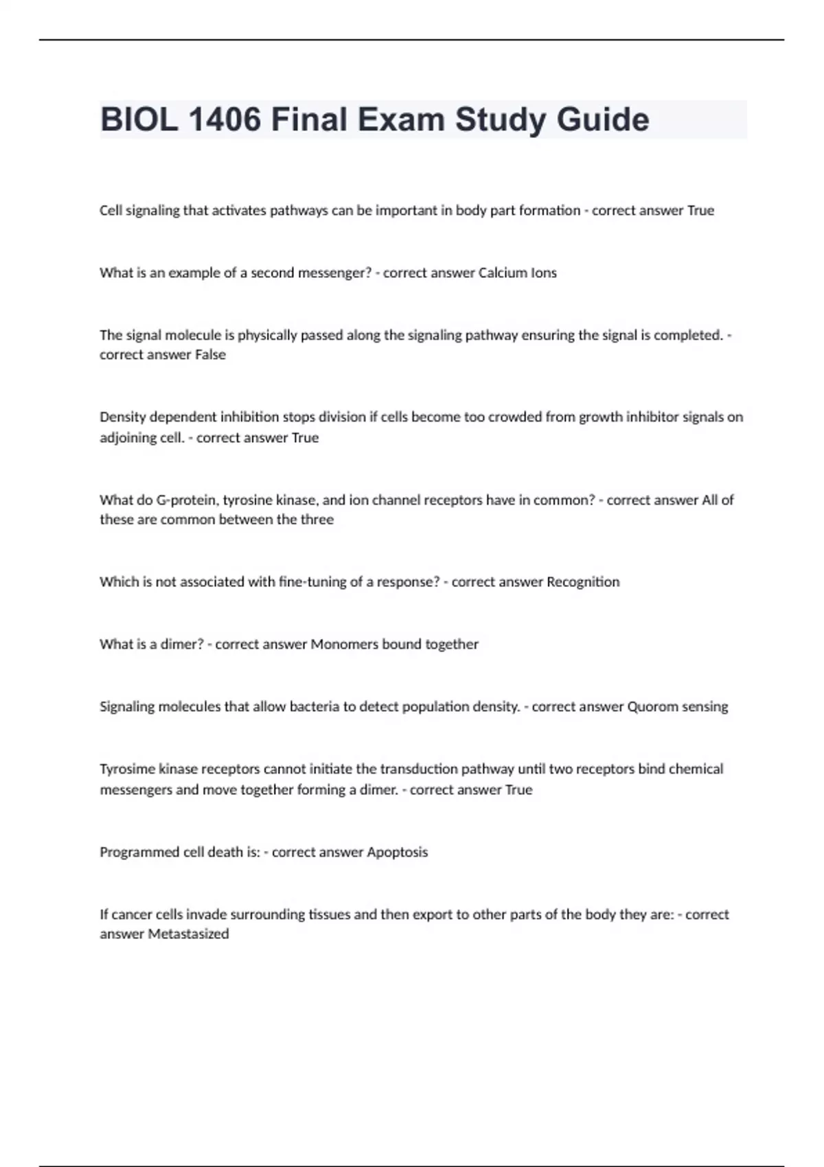 BIOL 1406 Final Exam Study Guide Collin College - Question and answers ...