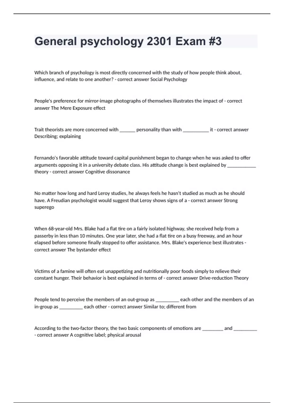 General psychology 2301 Exam #3 questions and answers graded A+ ...