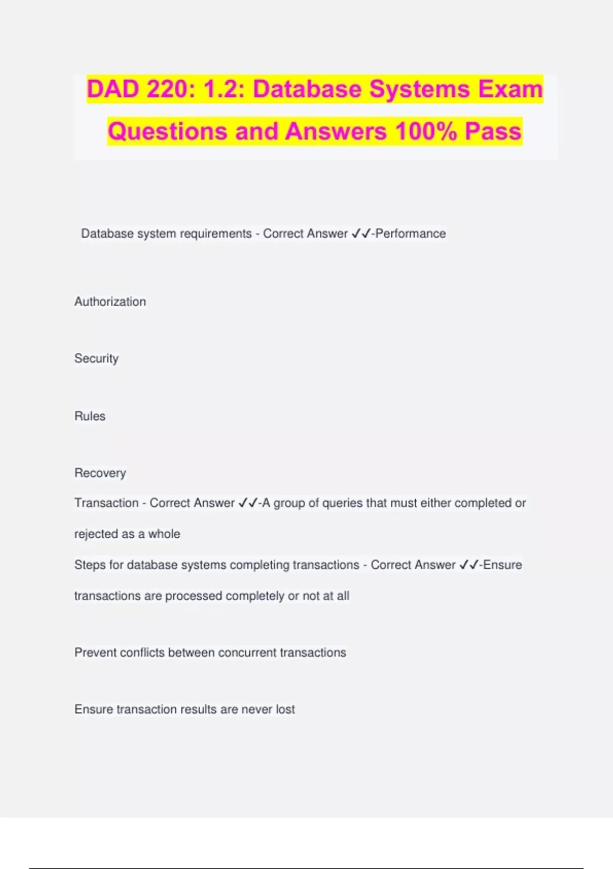 DAD 220: 1.2: Database Systems Exam Questions and Answers 100% Pass ...