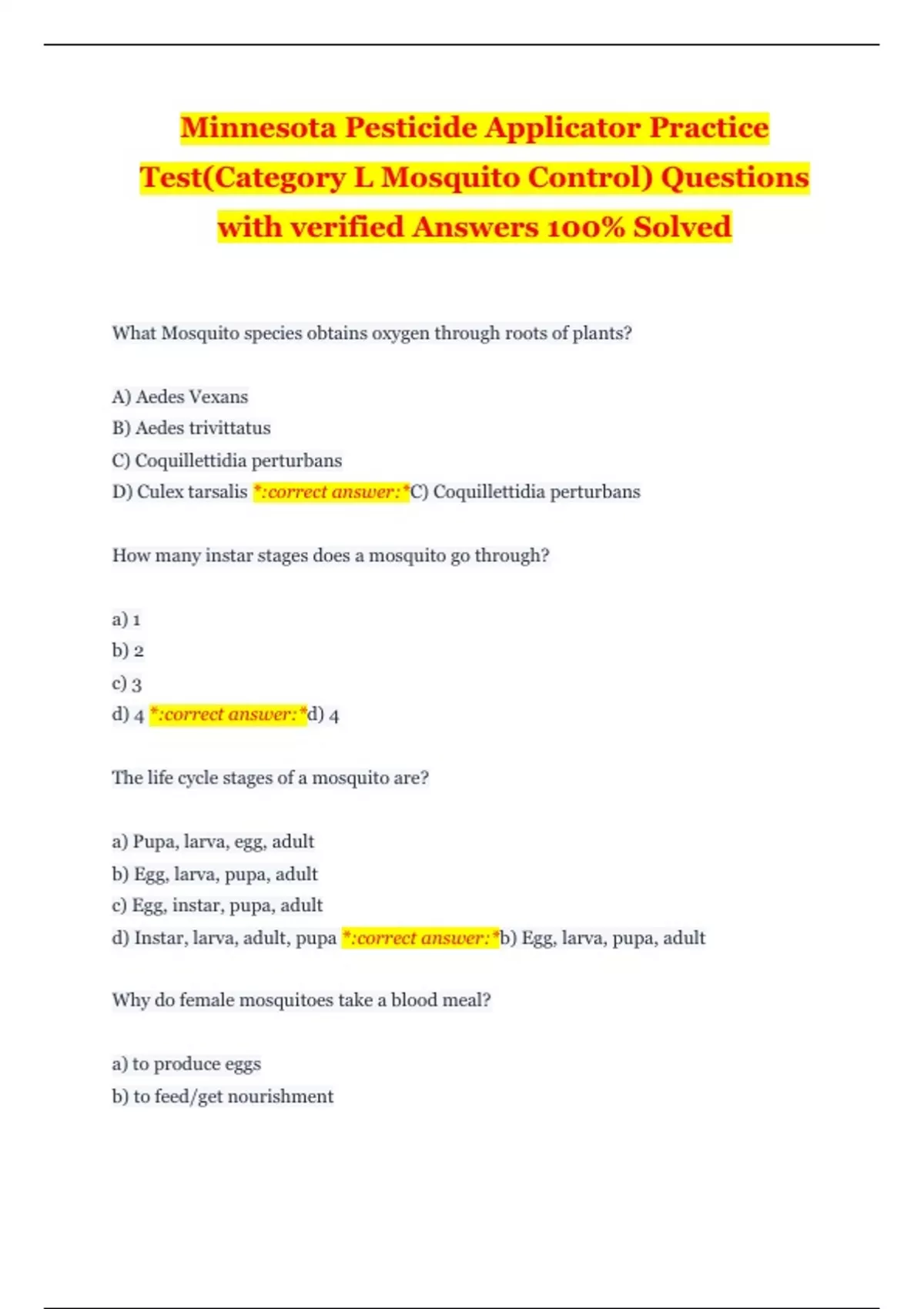 Minnesota Pesticide Applicator Practice Test(Category L Mosquito