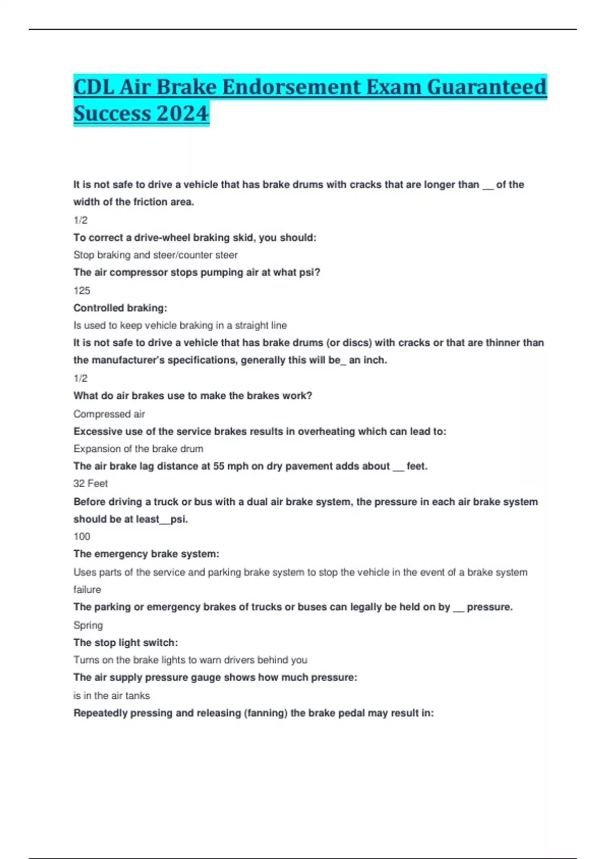 CDL Air Brake Endorsement Exam Guaranteed Success 2024 CDL Air Brakes