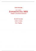 Test Bank for Experiencing MIS 3rd Canadian Edition By David Kroenke Andrew Gemino Peter Tingling (All Chapters, 100% Original Verified, A+ Grade)