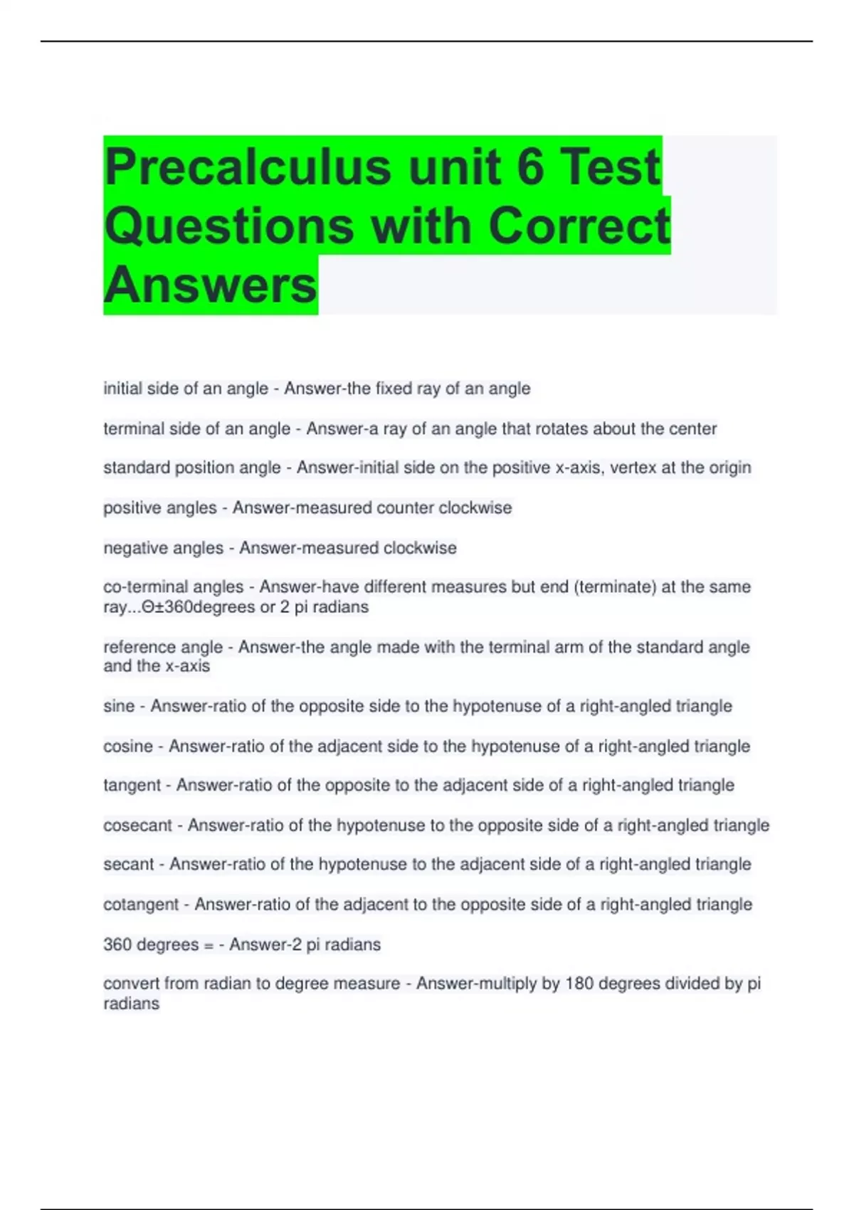 Precalculus unit 6 Test Questions with Correct Answers - Precalculus ...