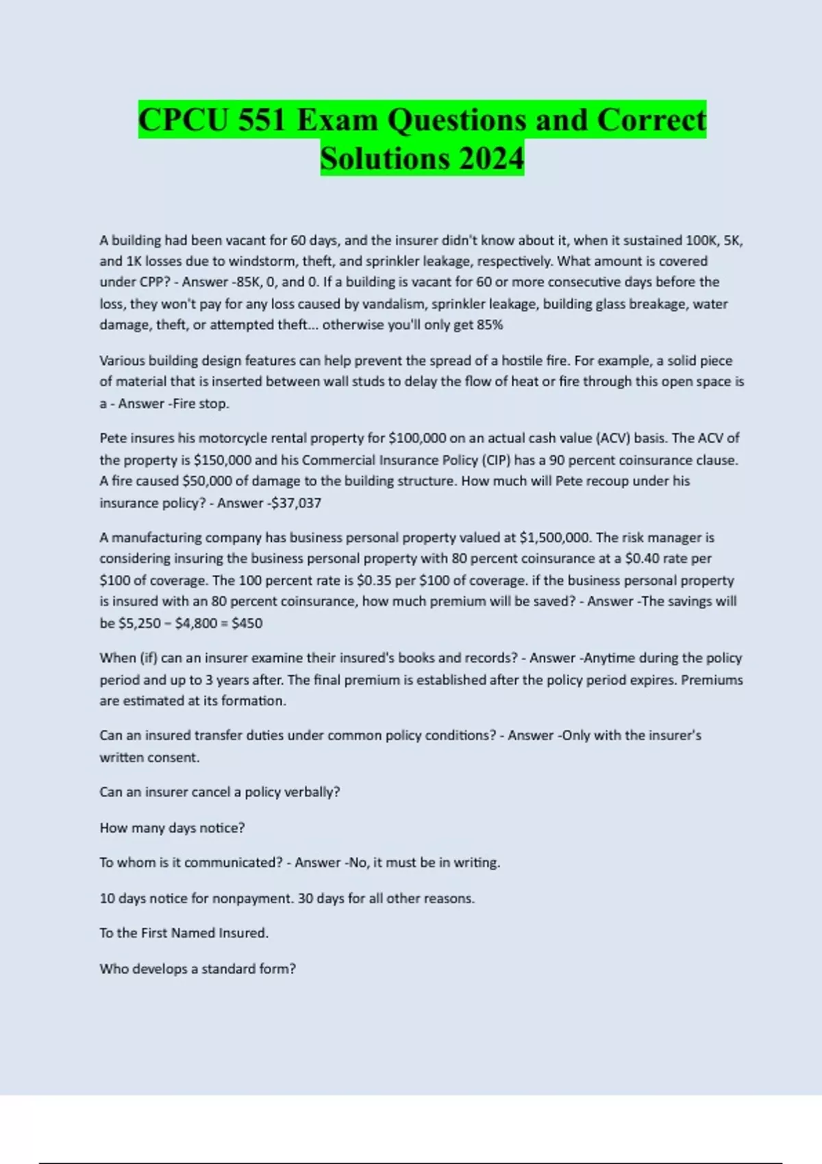 CPCU 551 - Exam Questions With 100% Correct Answers 2026 | Exams