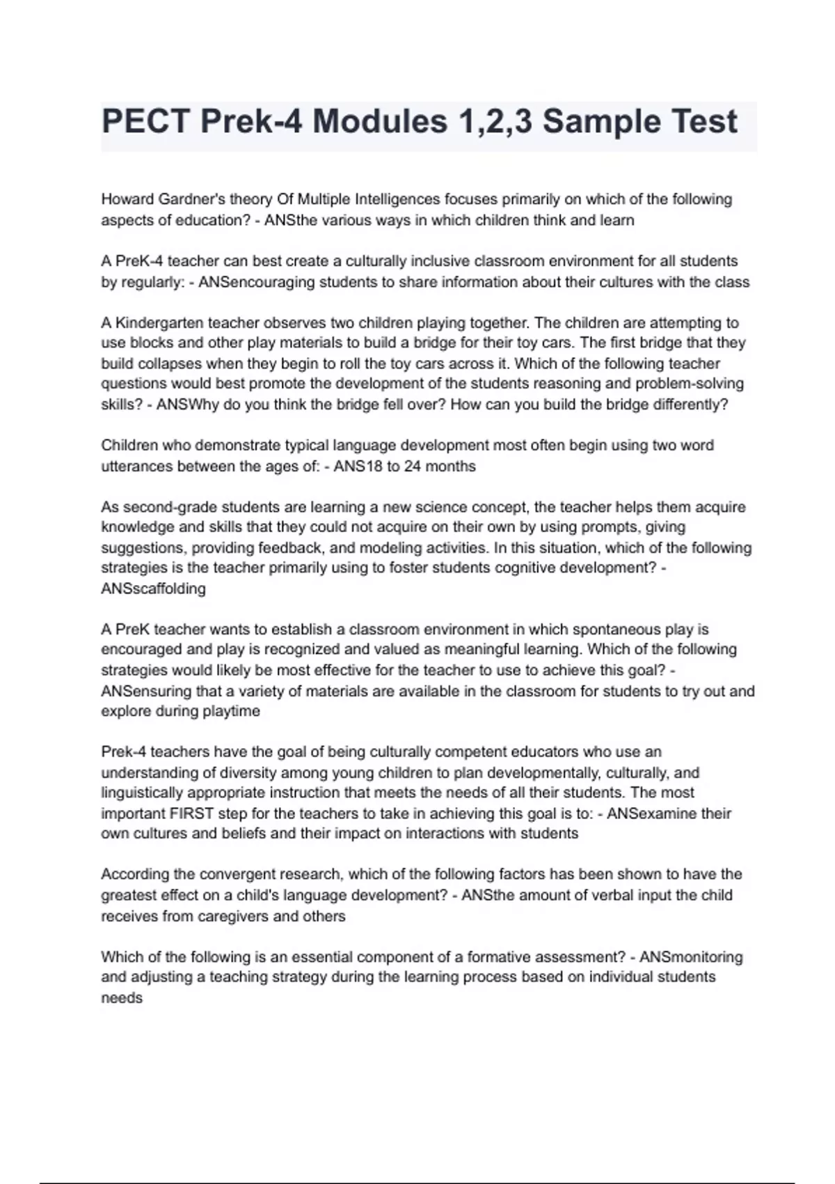 PECT Prek-4 Modules 1,2,3 Sample Test questions and answers REVISED AND ...