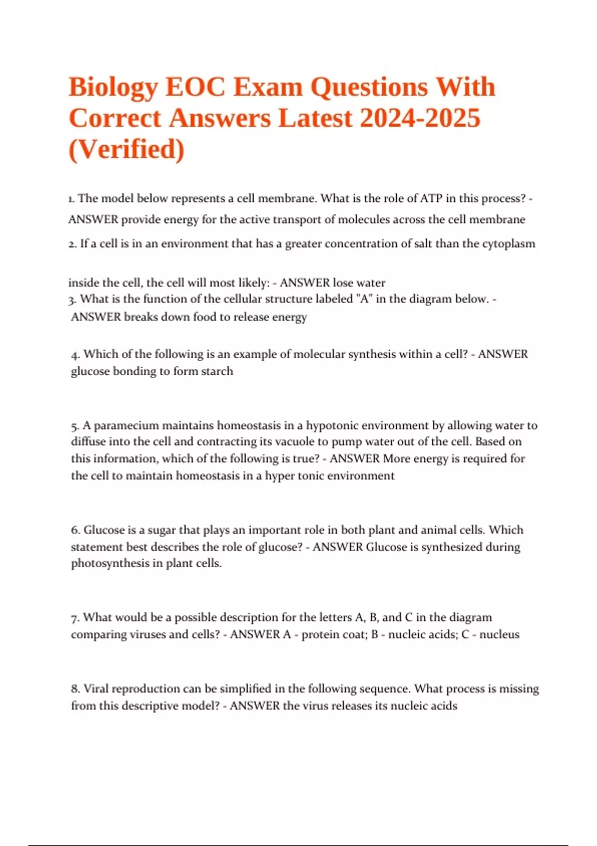 Biology Eoc Exam Questions With Correct Answers Latest Verified